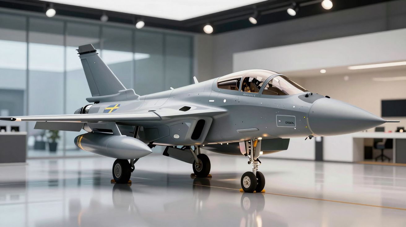 Caça militar cinzento em exposição num hangar moderno e iluminado, com bandeira sueca visível na fuselagem.