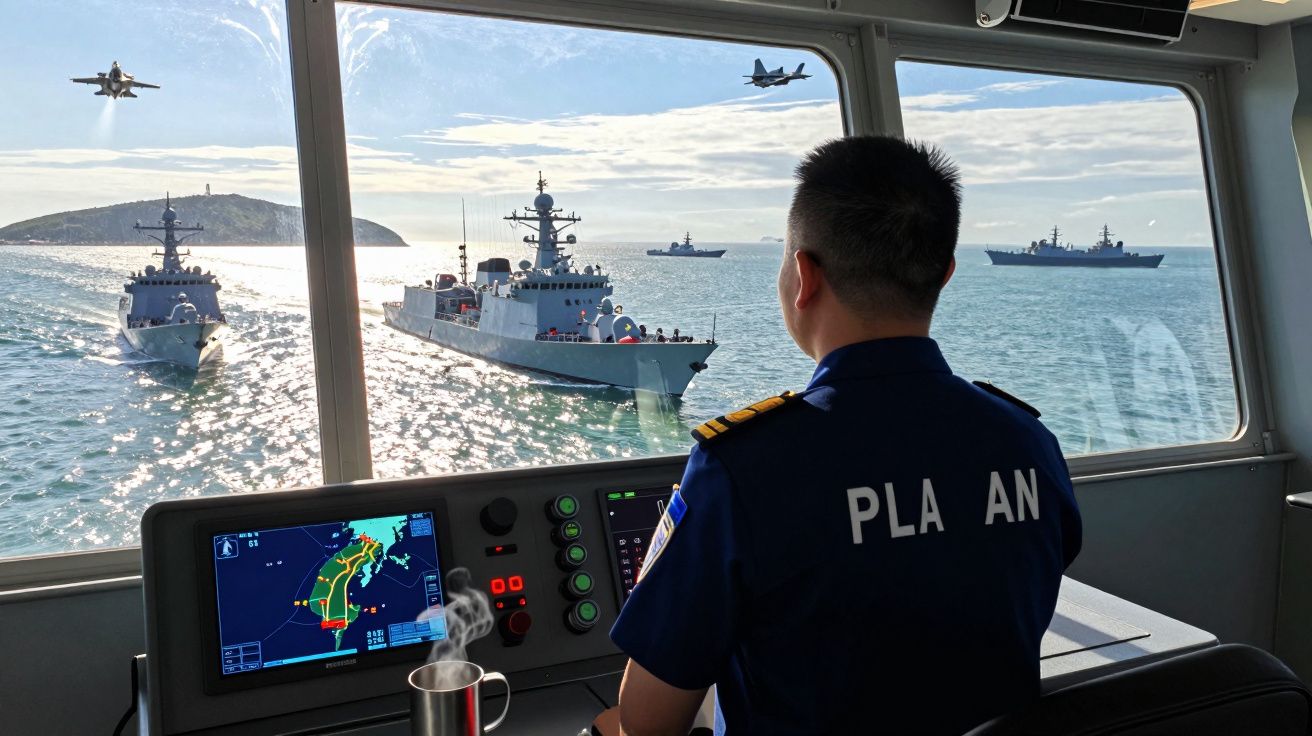 Militar da marinha observa navios e jatos militares no mar a partir da ponte de comando.