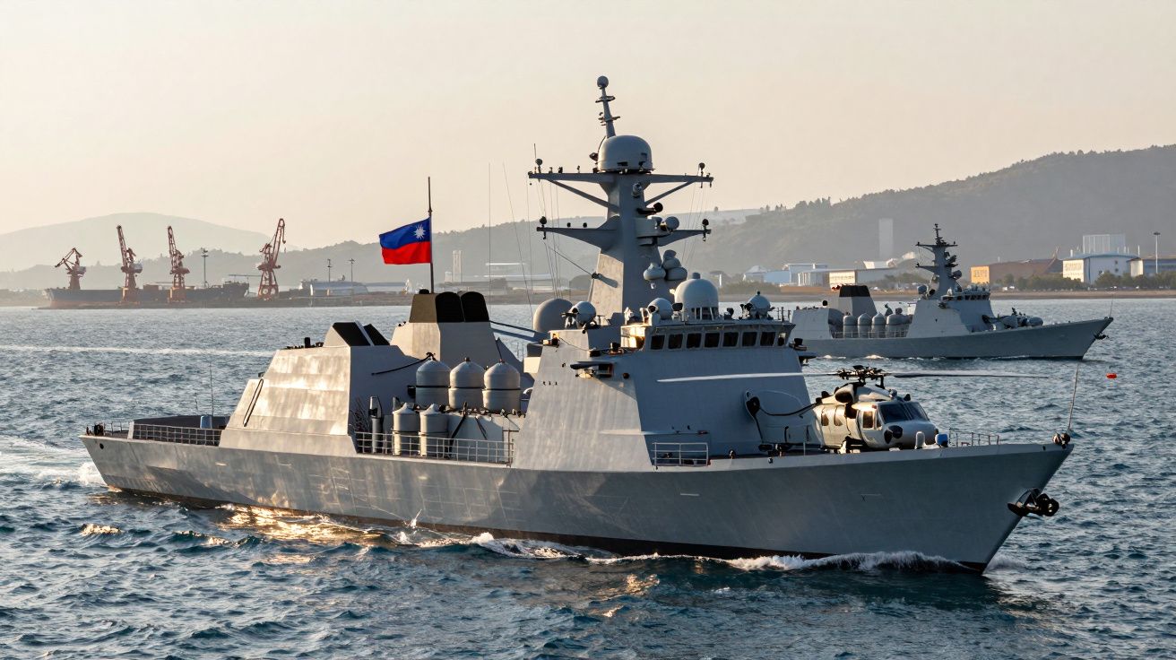 Navios de guerra modernos com bandeira de Taiwan navegando perto de um porto com guindastes industriais ao fundo.