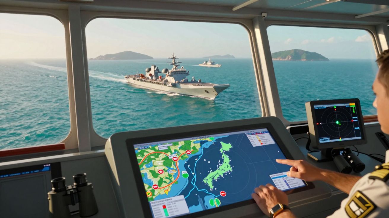 Navegador militar controla radar digital na ponte do navio enquanto outros navios de guerra navegam no oceano.