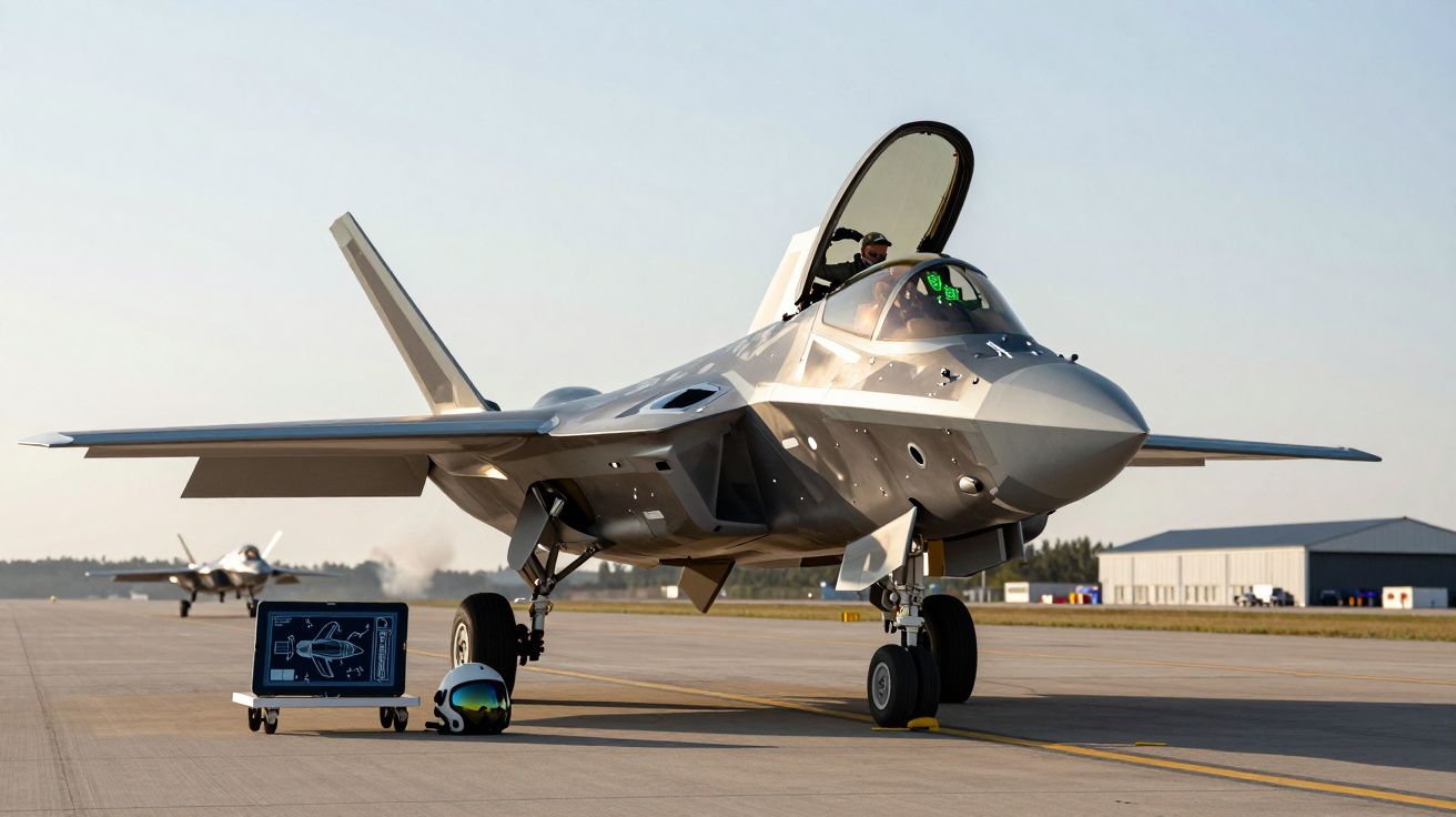 Caça furtivo estacionado na pista com cabine aberta, capacete e monitor ao lado, sob luz do dia.
