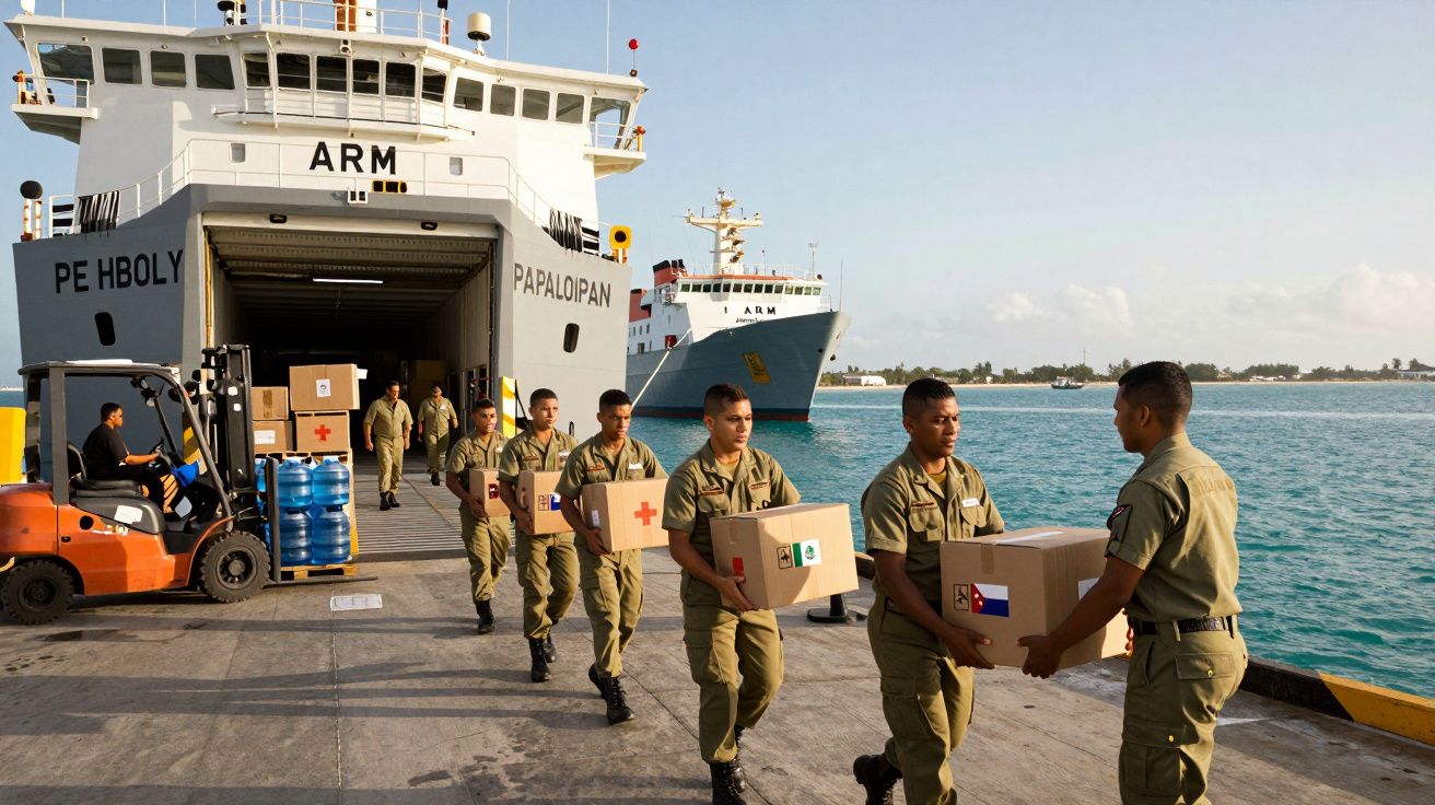 Soldados descarregam caixas de ajuda humanitária de navio no cais junto ao mar.