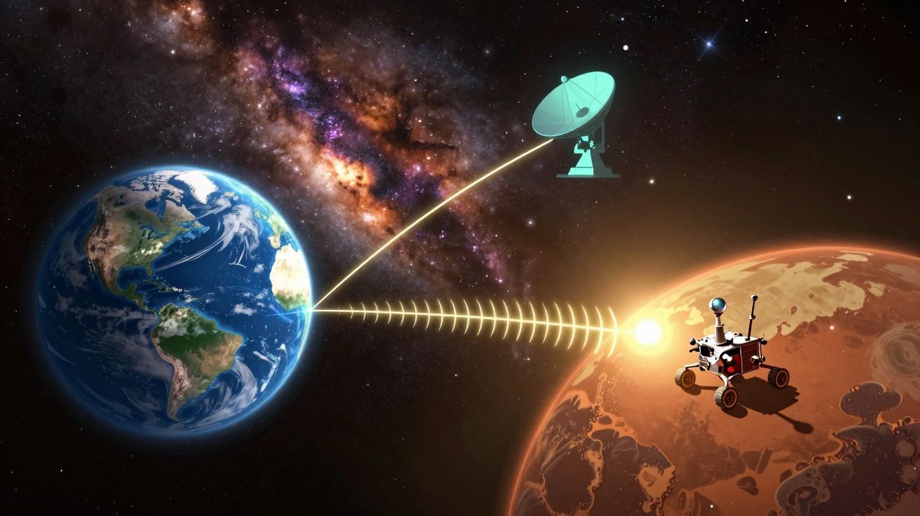 Ilustração de comunicação entre um rover em Marte, a Terra e uma antena espacial.