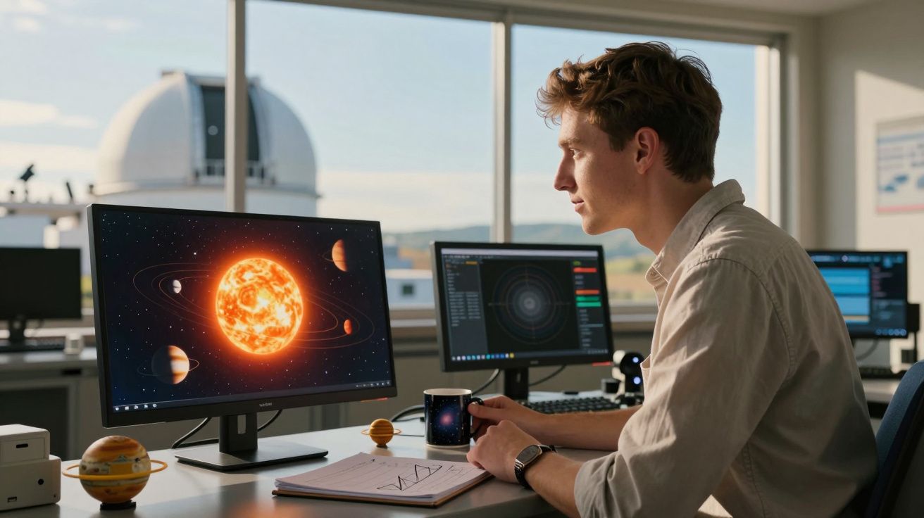 Jovem observa simulação do sistema solar num computador num escritório com telescópio ao fundo.