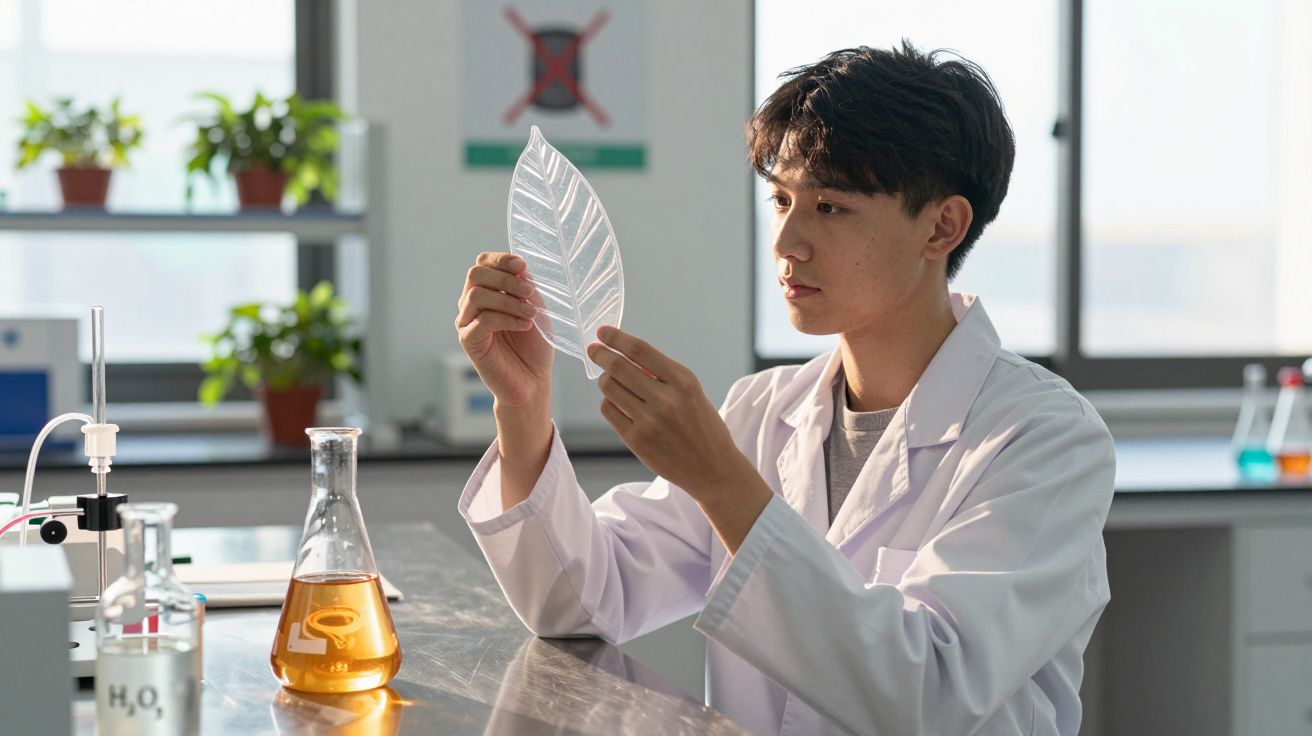 Cientista em laboratório a analisar folha transparente, rodeado de vidrarias com líquidos coloridos.