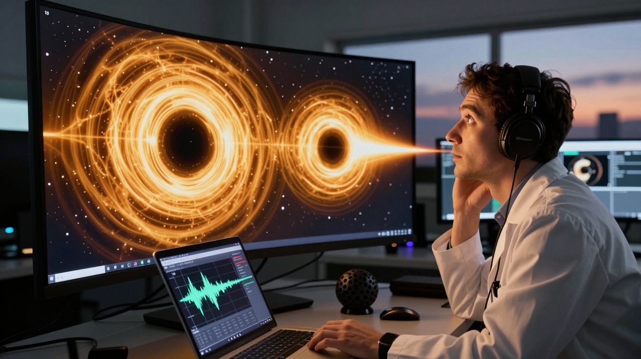 Cientista em laboratório observa simulação de buracos negros brilhantes num ecrã grande.