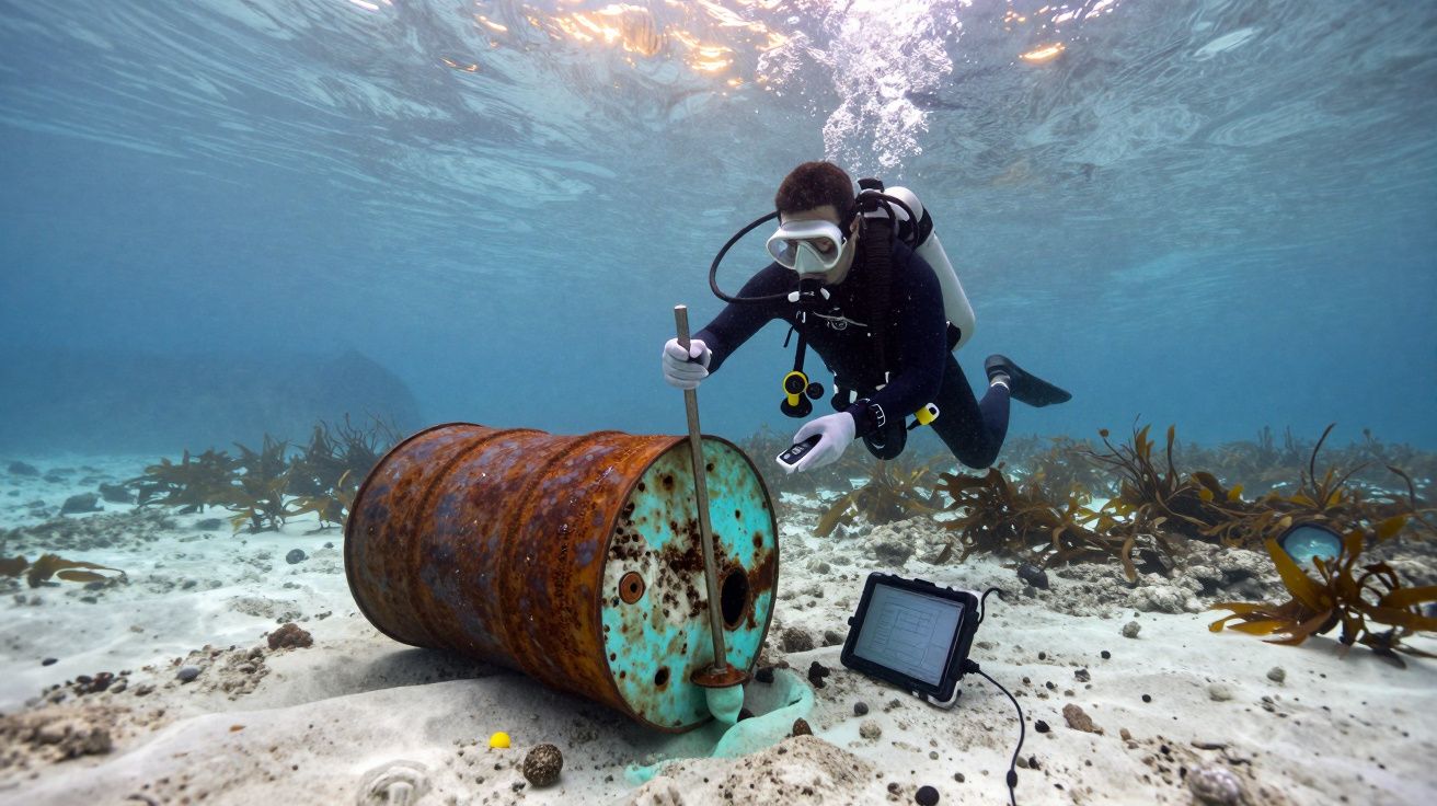 Mergulhador a recolher amostras de um bidão enferrujado no fundo do mar com equipamento de medição.