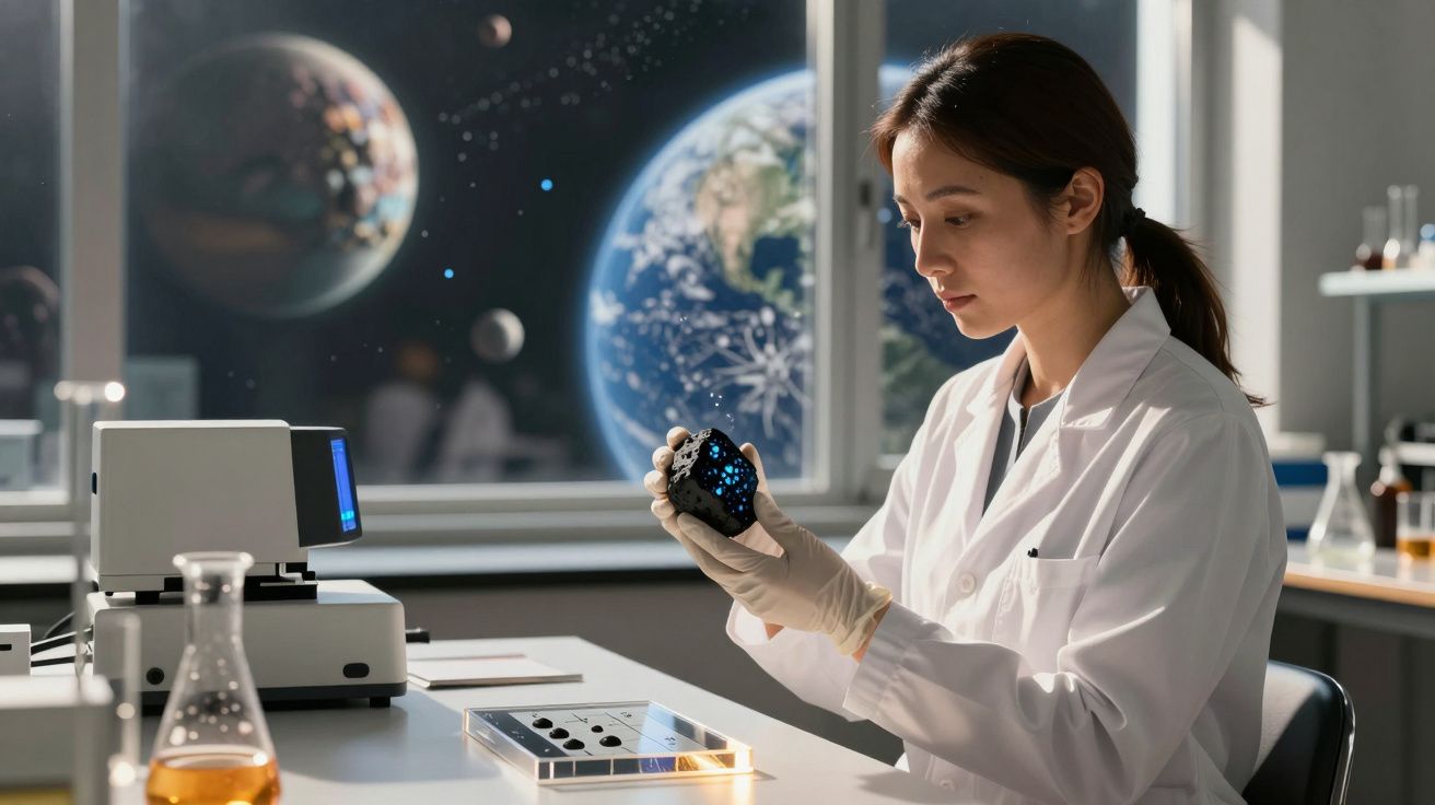 Cientista feminina em laboratório a analisar amostra com imagens de planetas e estrelas ao fundo.