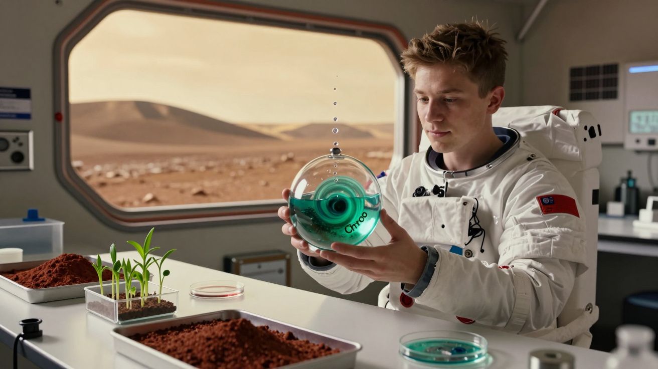 Astronauta em laboratório em Marte, segurando recipiente com líquido verde e plantas em crescimento na mesa.