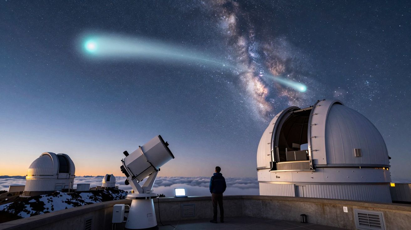 Observatório astronómico com telescópios e céu estrelado com duas estrelas cadentes e a Via Láctea visível.