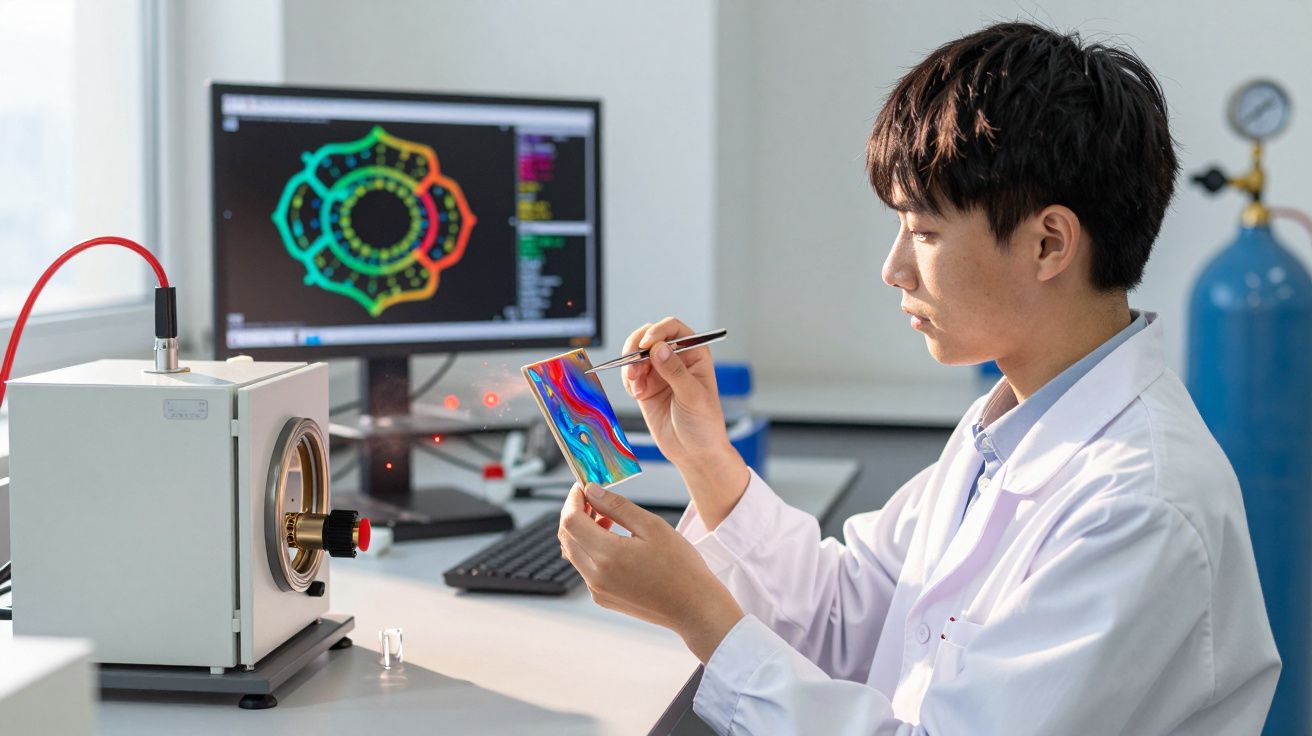 Cientista em laboratório analisa amostra colorida com pinça, computador com gráficos ao fundo.