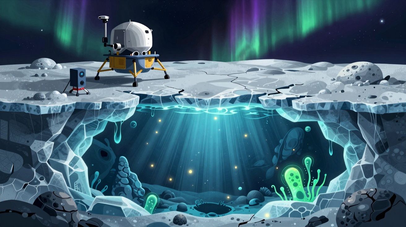 Superfície lunar com módulo espacial e portal luminoso revelando vida alienígena submersa e aurora boreal no céu.