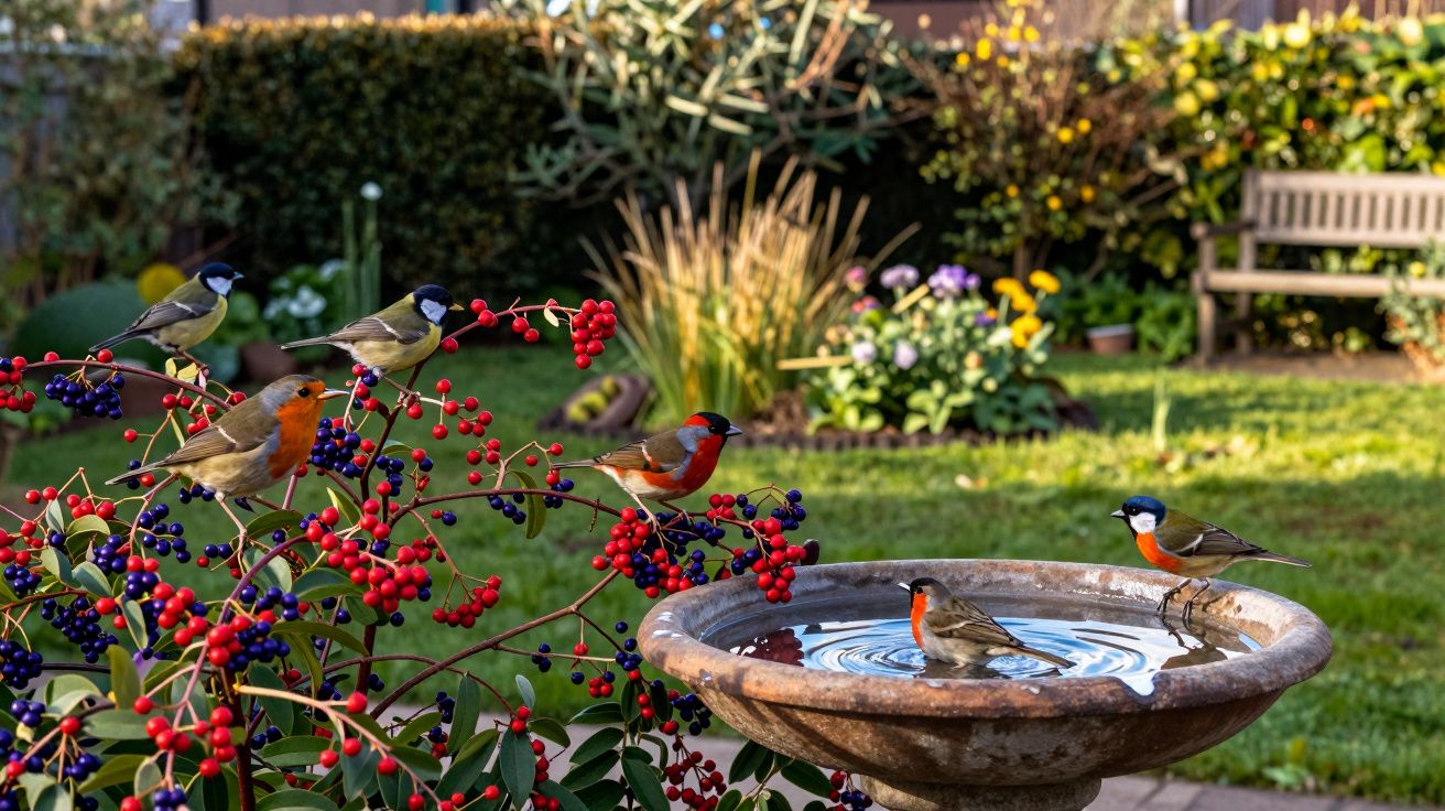 Pássaros coloridos junto a fontes de água e arbustos com bagas num jardim ensolarado com banco ao fundo.