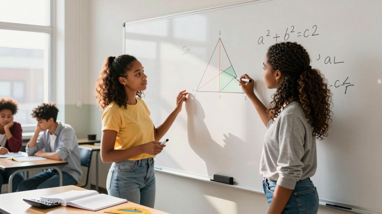 Duas alunas resolvem problema de geometria no quadro branco com fórmula de Pitágoras numa sala de aula.