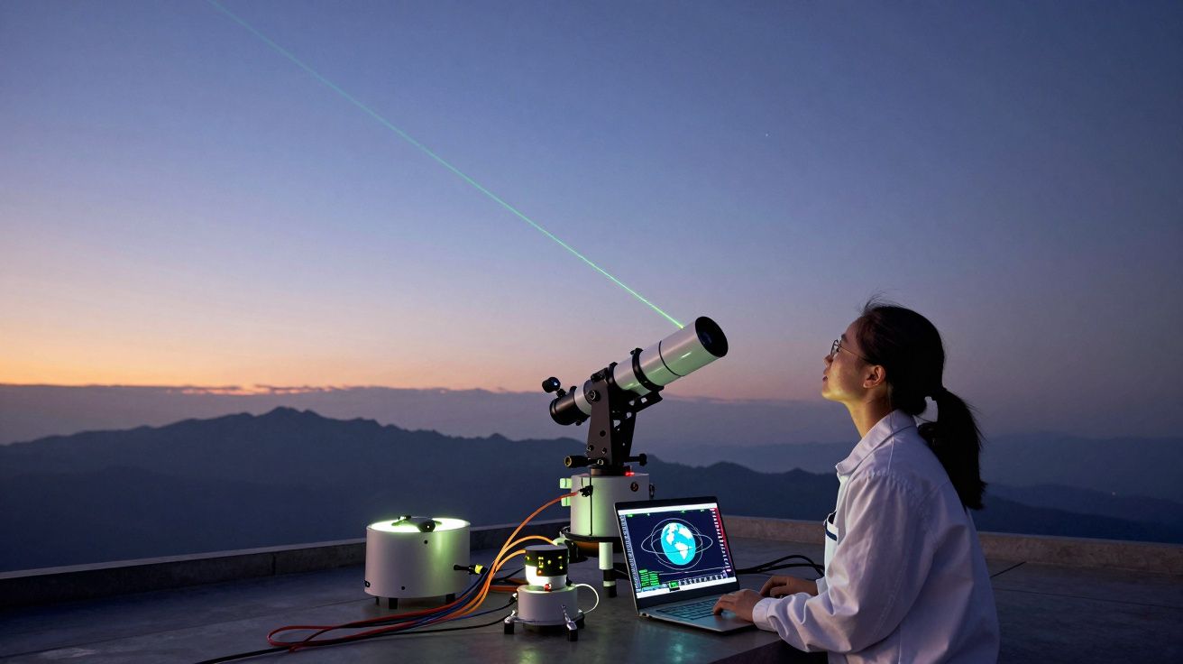 Pessoa a usar telescópio e computador para observação astronómica ao pôr do sol numa montanha.