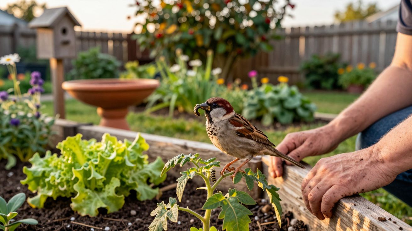 Pássaro com inseto no bico pousado numa planta em canteiro de jardim, com mãos humanas ao fundo.