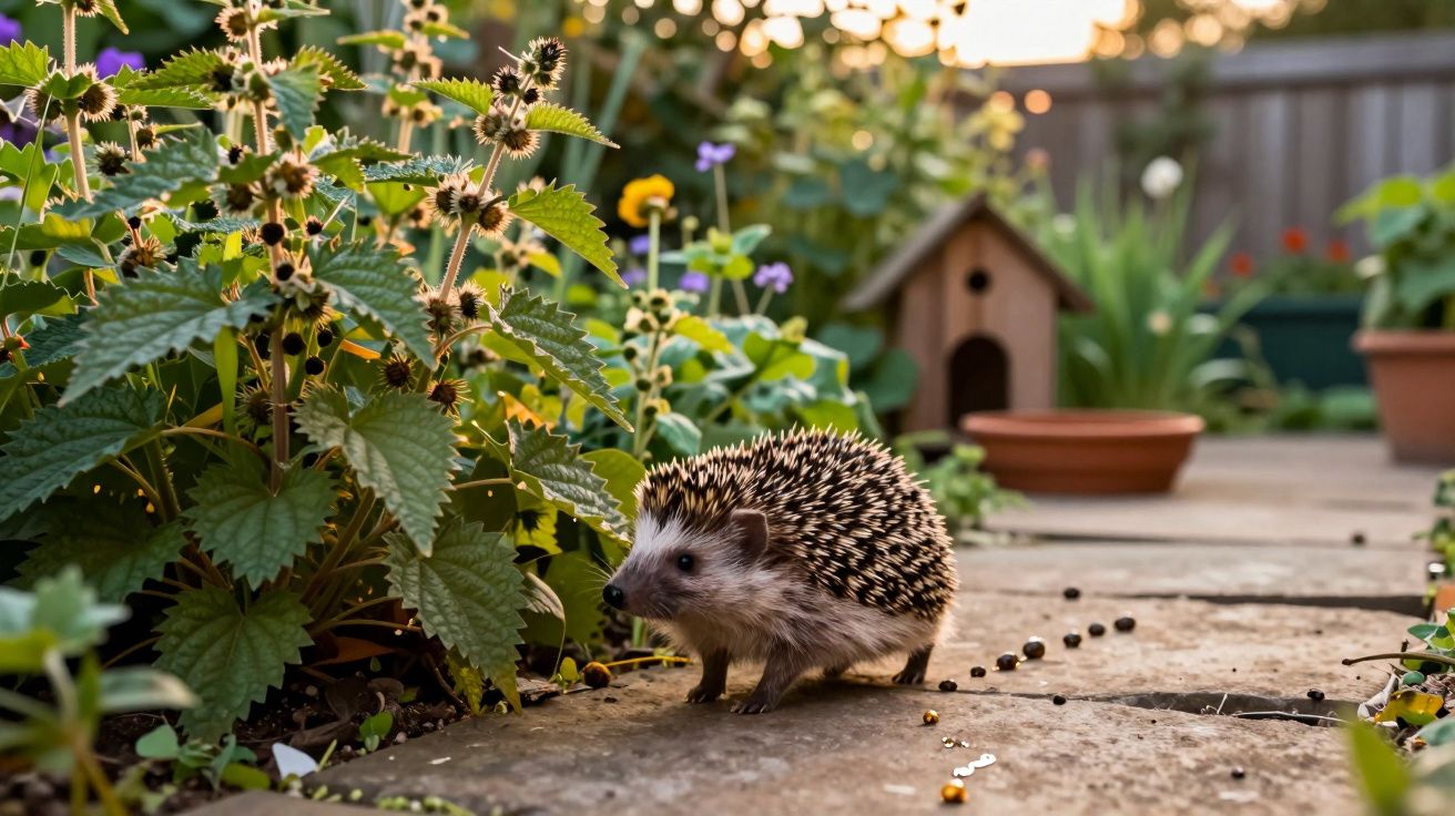 Ouriço a caminhar num jardim com plantas, flores e casinha de madeira ao fundo ao entardecer.