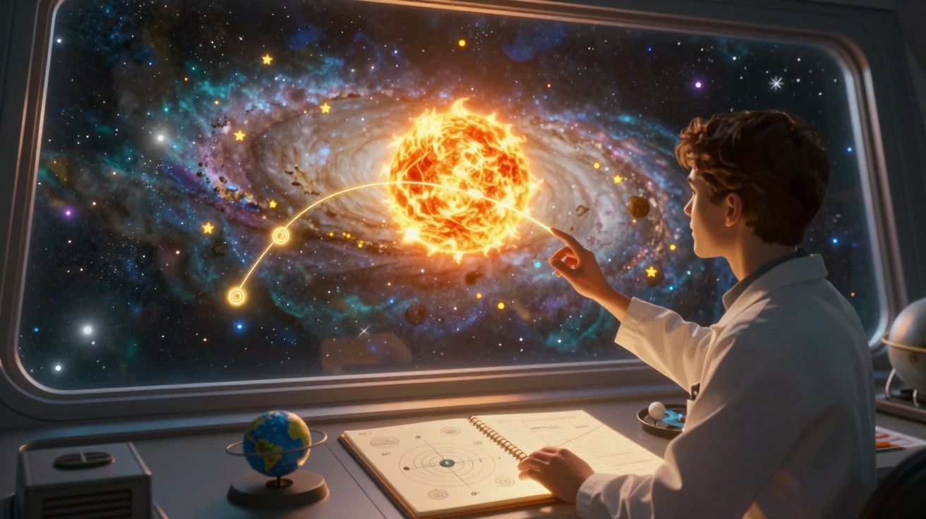 Jovem cientista observa sistema solar e constelações numa janela com galáxia e sol brilhante ao fundo.