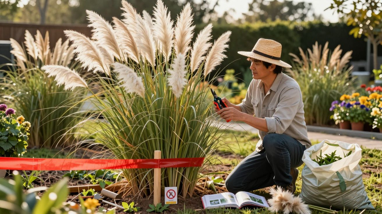 Pessoa com chapéu a podar plantas decorativas num jardim ensolarado.