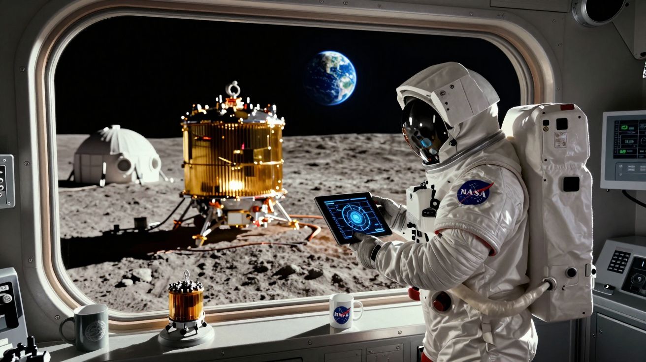 Astronauta dentro de módulo lunar observa a terra com equipamento e nave na superfície lunar ao fundo.