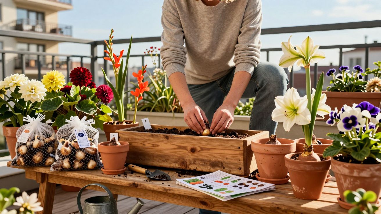 Pessoa a plantar bulbos de flores numa floreira de madeira numa varanda com várias plantas em vasos.