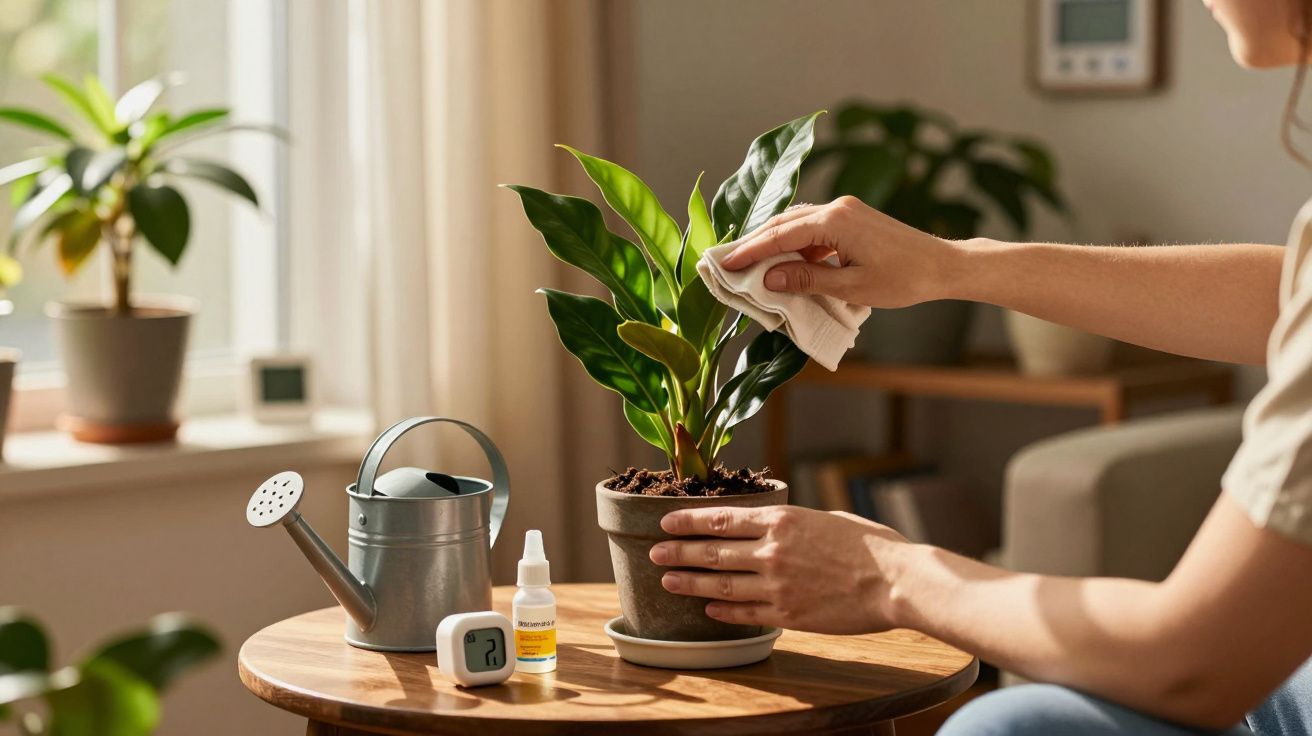 Pessoa a limpar folhas de planta dentro de casa numa sala com luz natural suave.