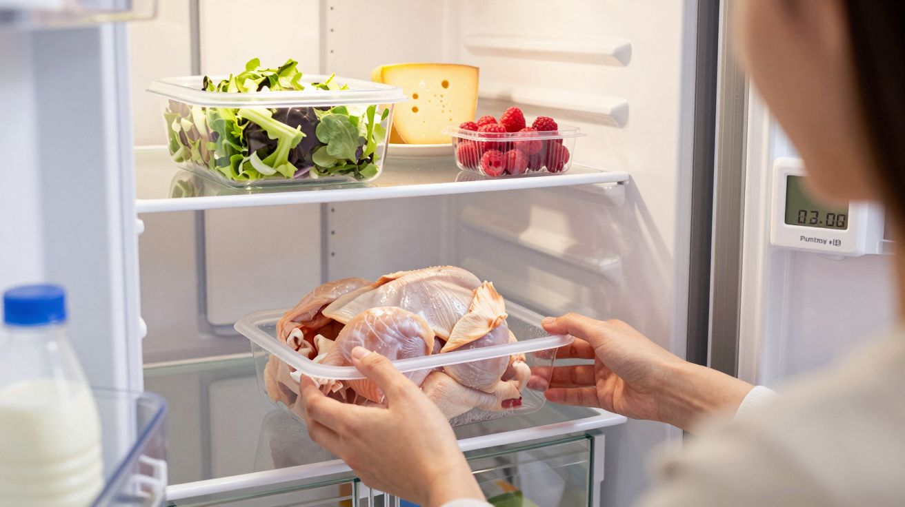 Pessoa a guardar frango cru numa caixa plástica dentro do frigorífico, com alface, queijo e framboesas noutros prateleiras.