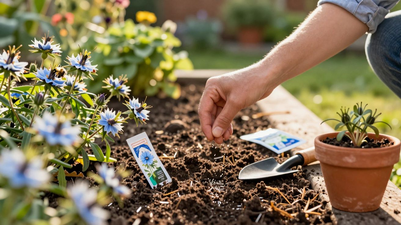 Mão a semear sementes num canteiro de flores com terra preparada e ferramentas de jardinagem ao lado.