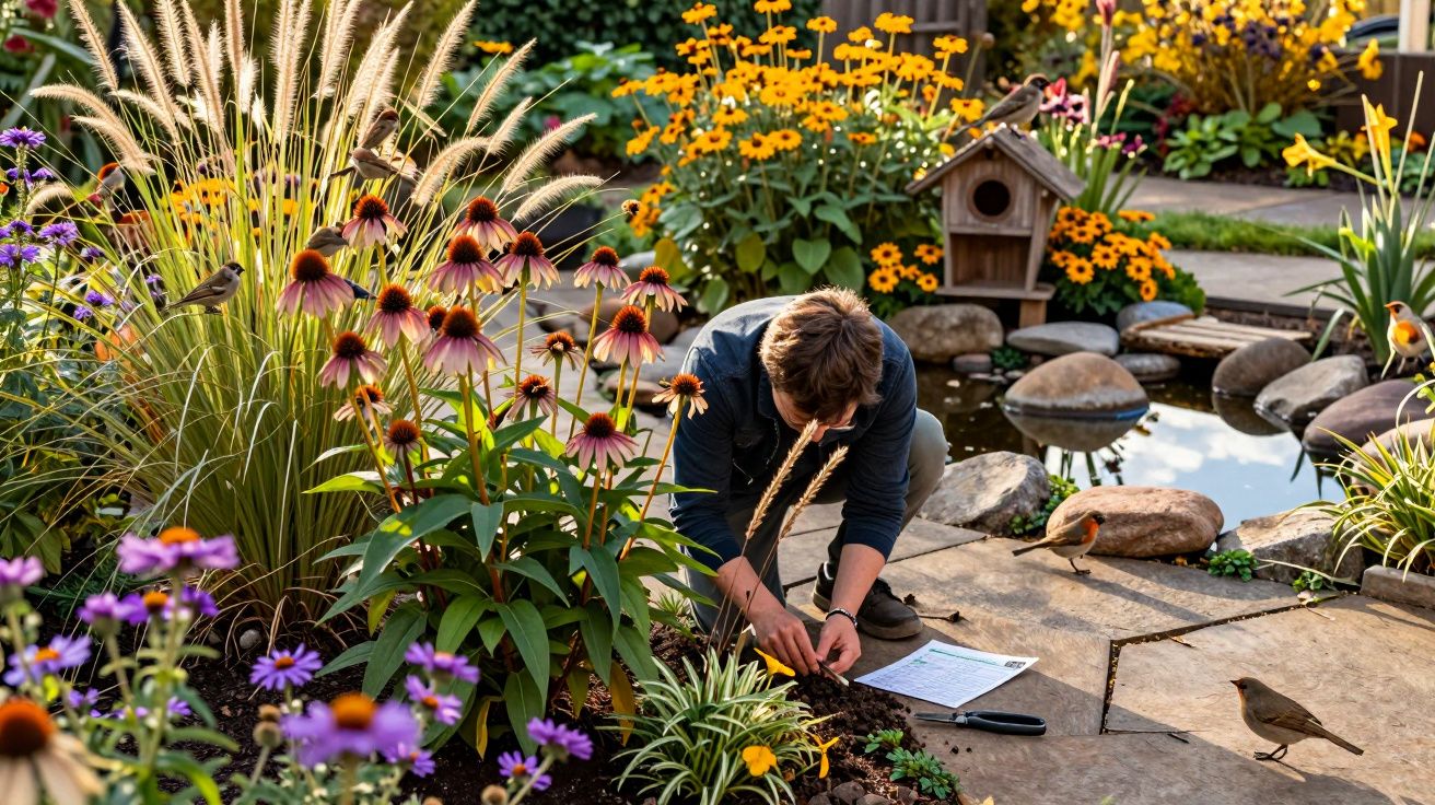 Pessoa a cuidar de plantas numa horta florida rodeada de pássaros junto a um lago artificial com pedras.