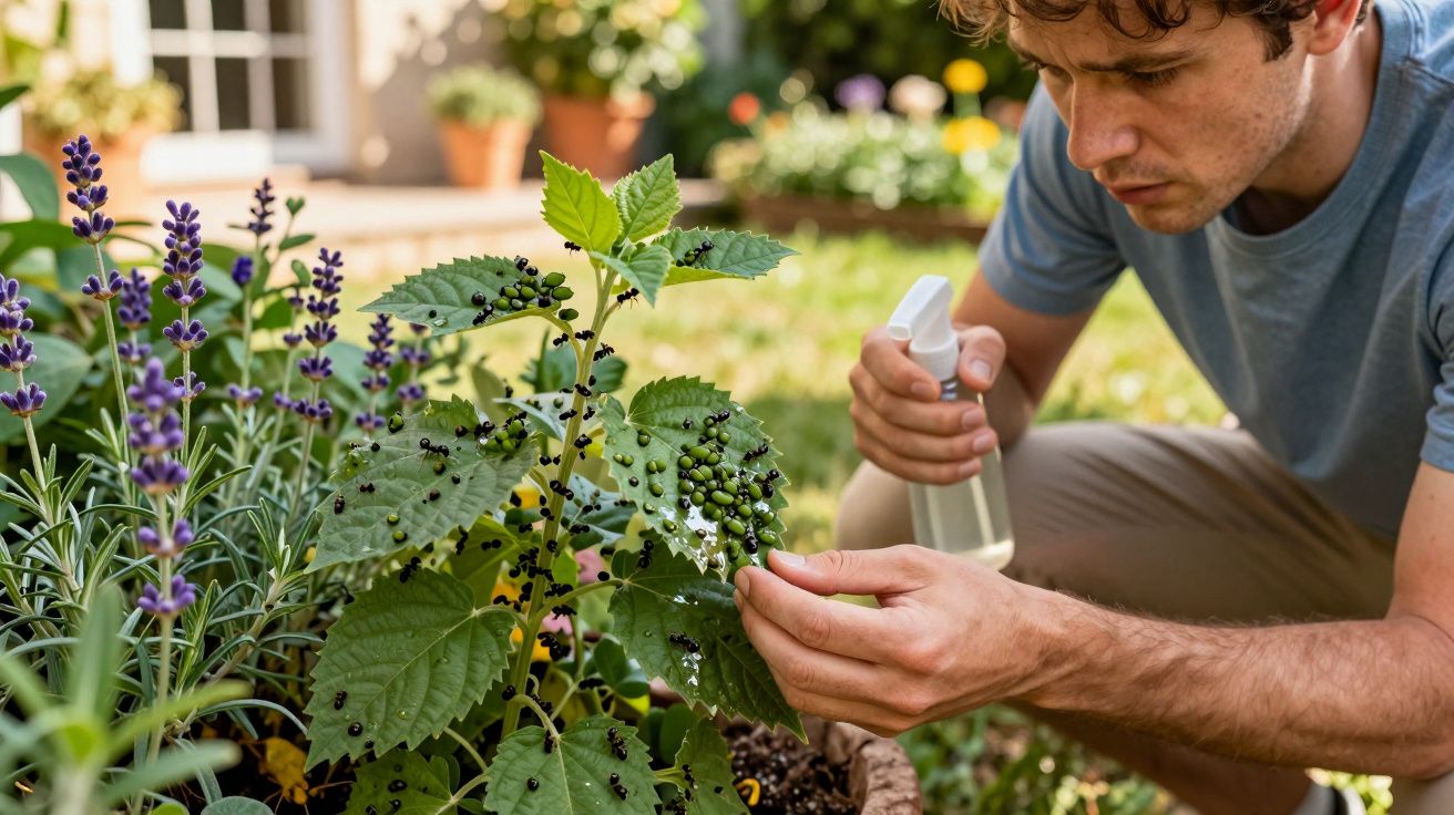 Homem verifica e pulveriza plantas infestadas com insetos num jardim com flores e folhas verdes.