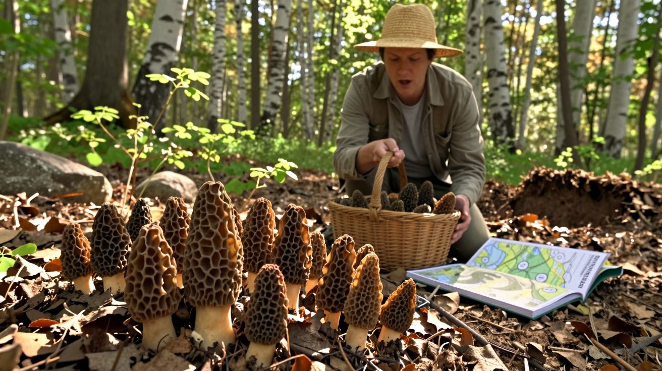 Pessoa com chapéu a apanhar cogumelos maislentos num bosque, com livro aberto e cesto junto.