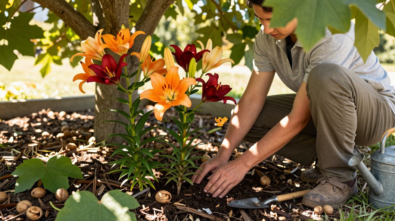 Homem a cuidar de flores laranja e vermelhas num jardim sob uma árvore com regador ao lado.