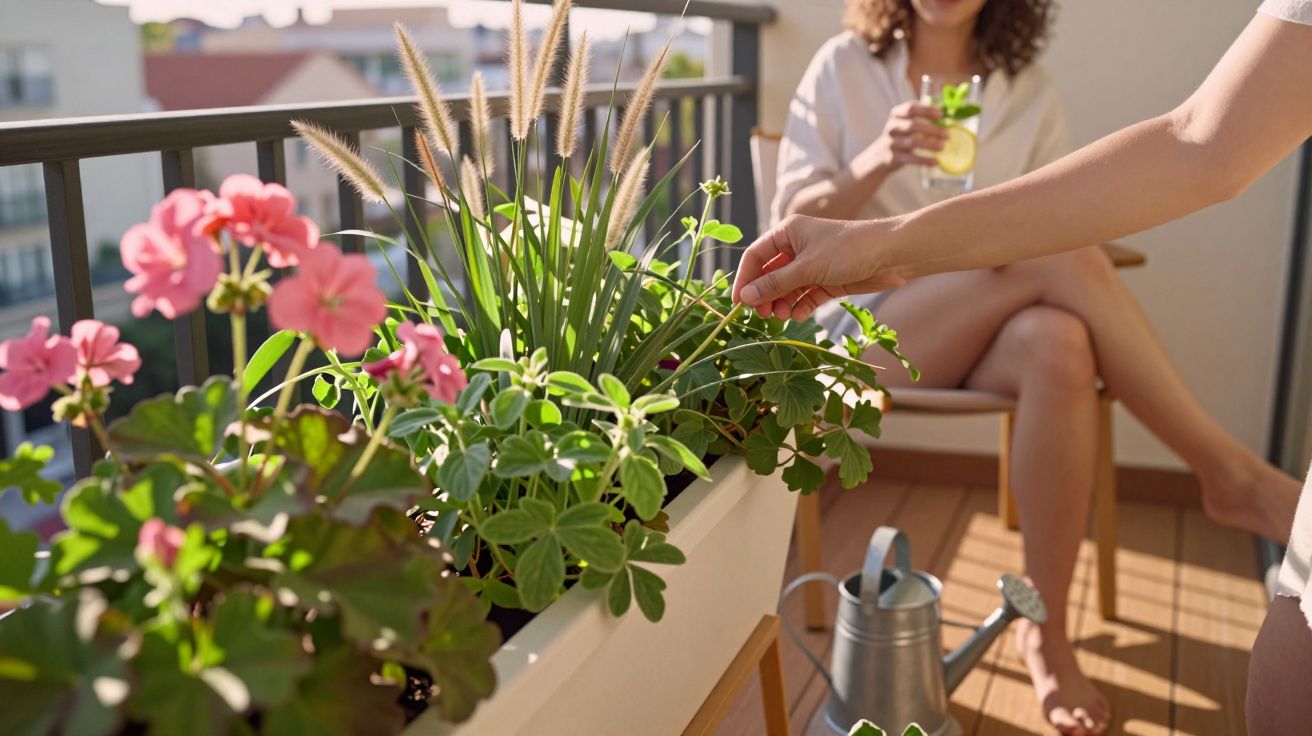 Varanda com plantas em floreiras, uma pessoa a cuidar das plantas e outra sentada a beber um chá.
