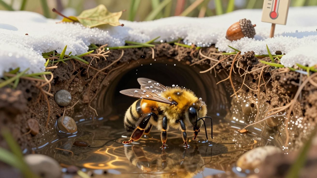 Abelha molhada a beber água numa poça junto à entrada de um formigueiro com neve ao redor.