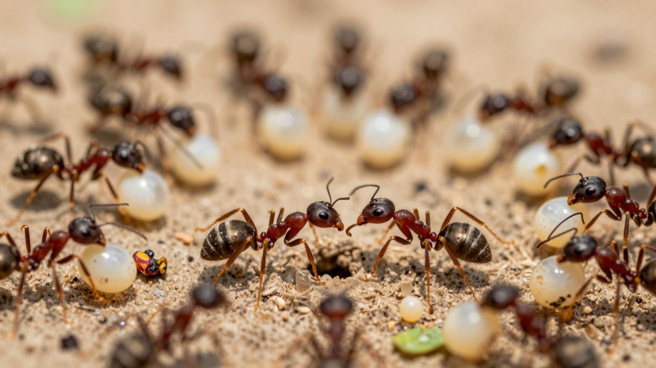 Formigueiros carregando ovos e a interagirem numa superfície de terra.
