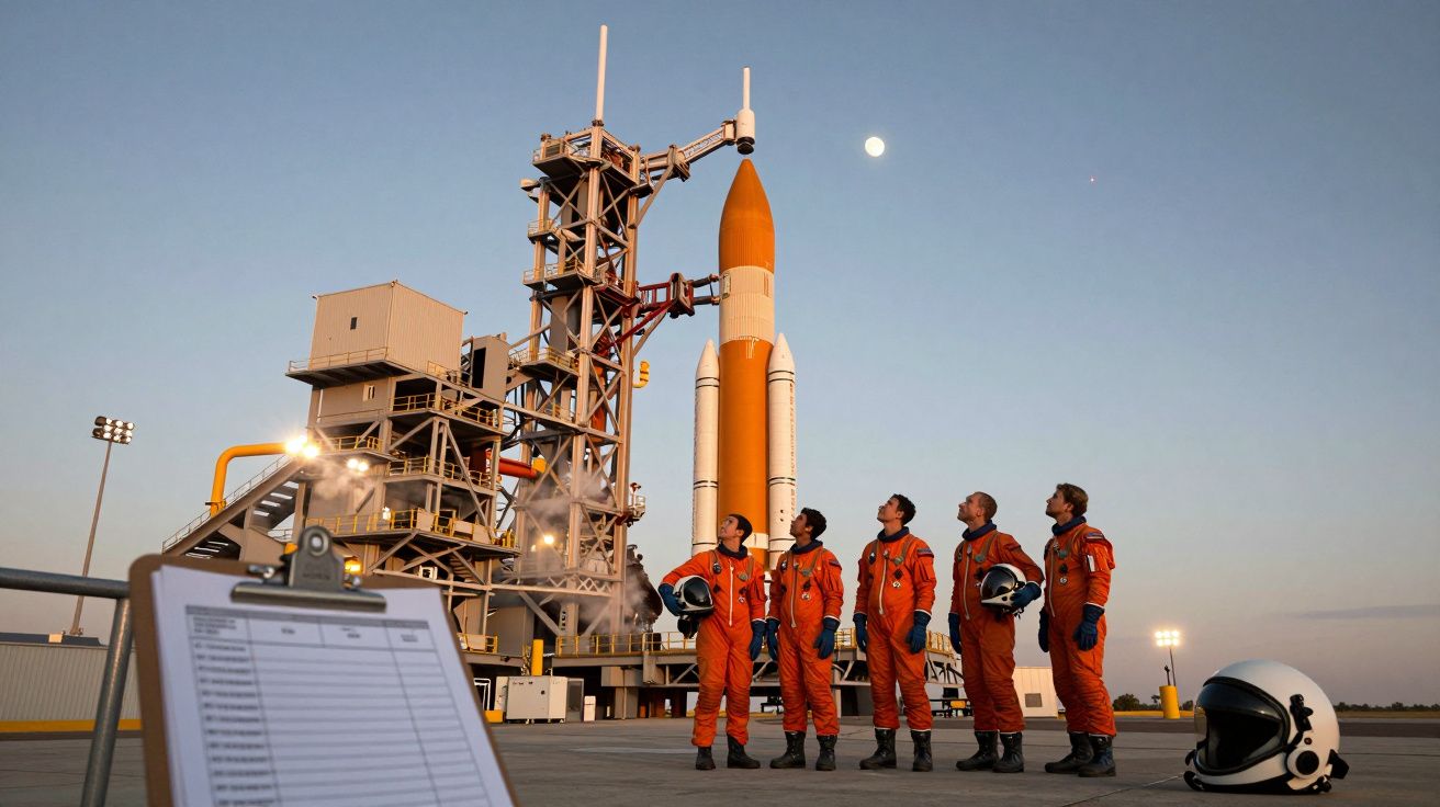 Cinco astronautas de fato laranja observam um grande foguetão na plataforma de lançamento ao entardecer.