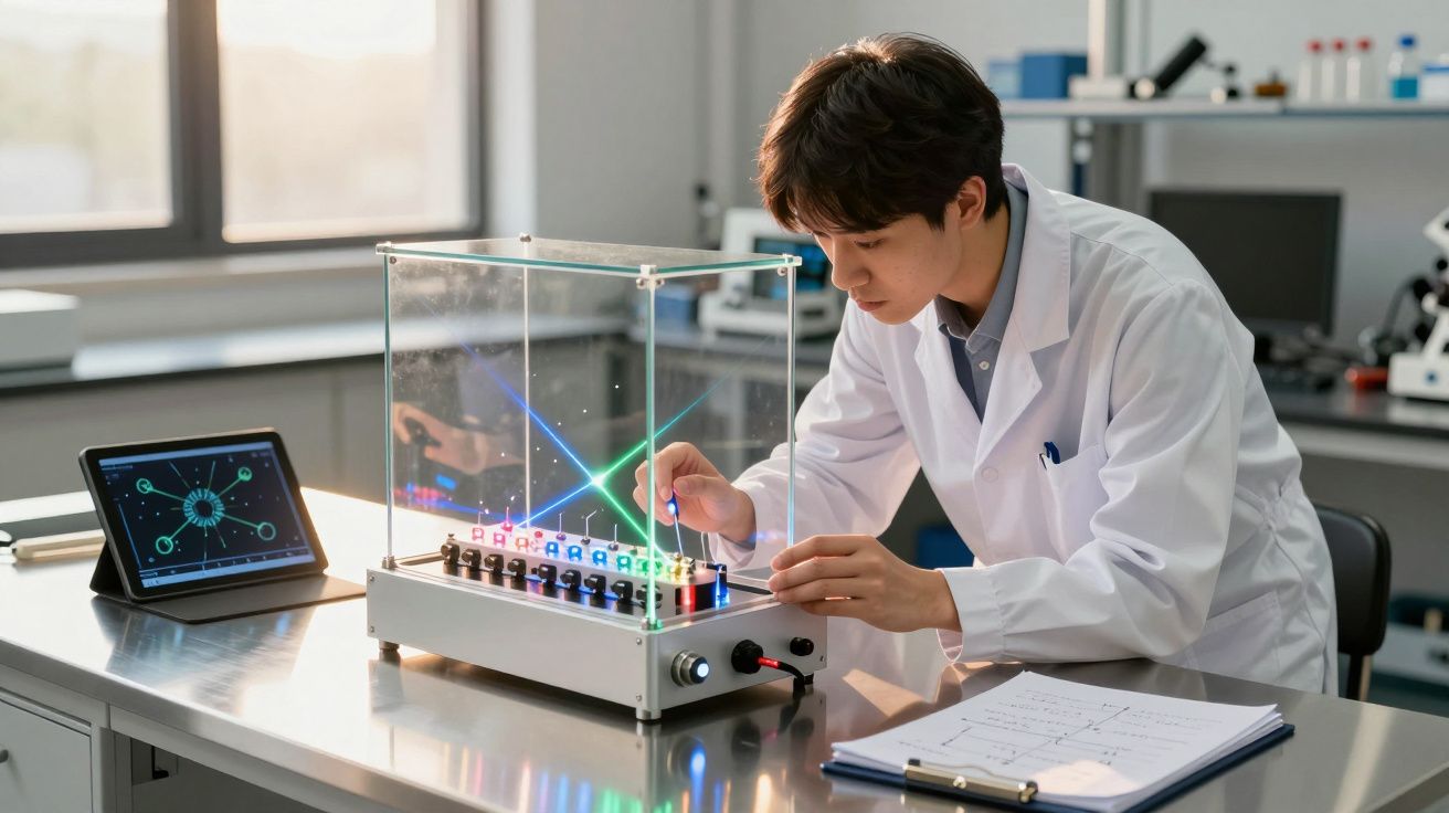 Cientista em laboratório a trabalhar com equipamento de lasers e luzes coloridas sob caixa de vidro.