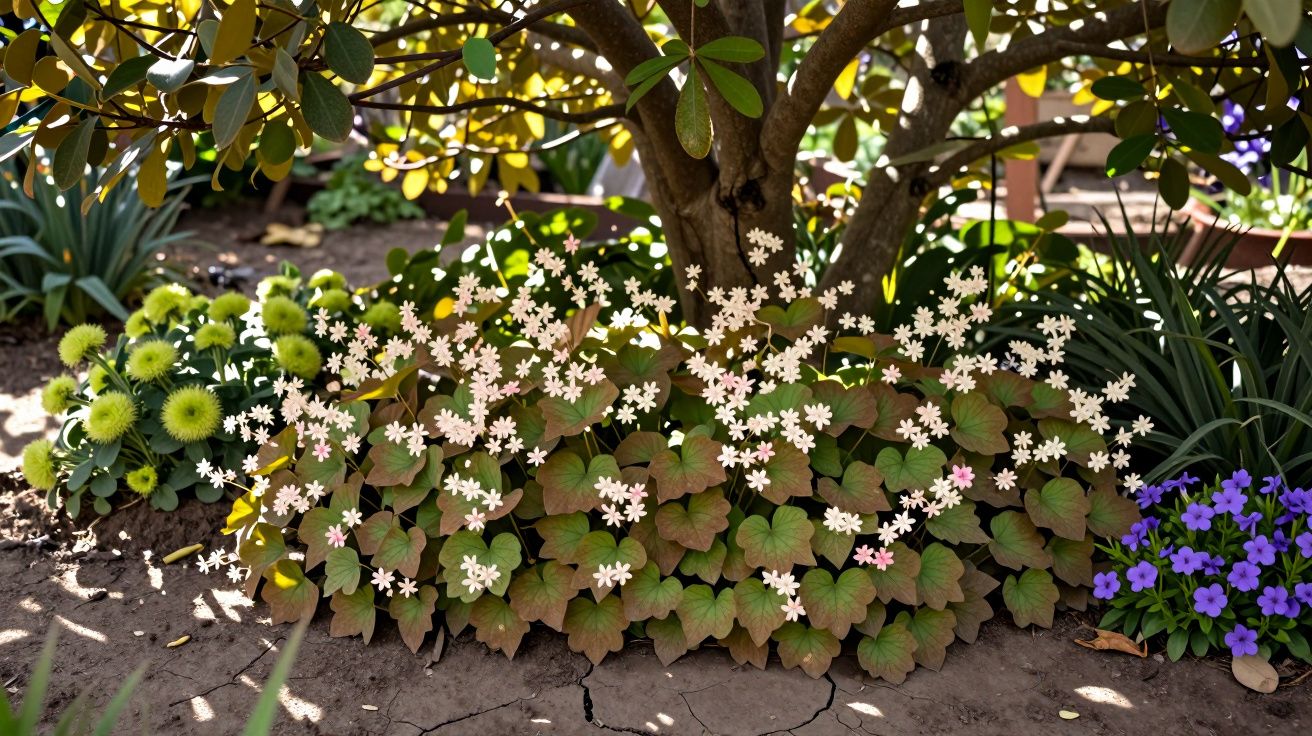 Pequenas flores brancas sob uma árvore com folhas verdes e plantas floridas ao redor em solo seco.