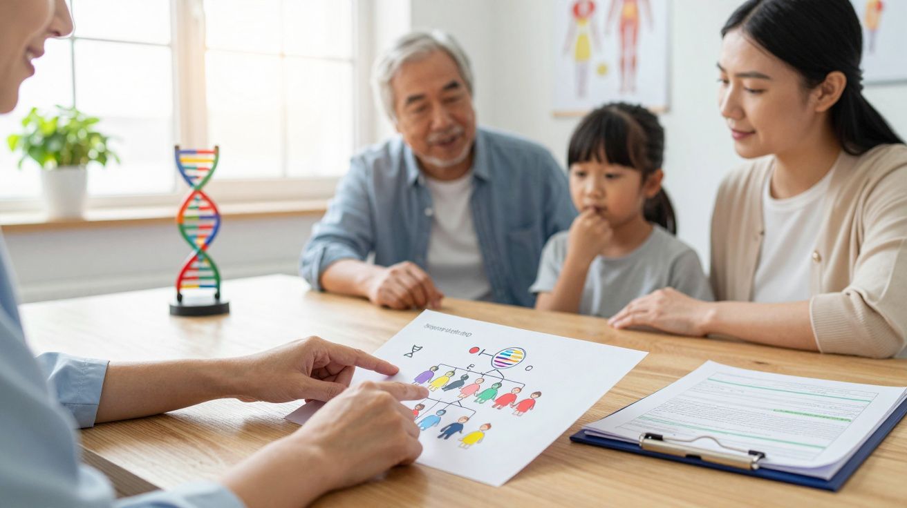 Consulta médica genética com médico a explicar testes de ADN a uma família multigeracional.