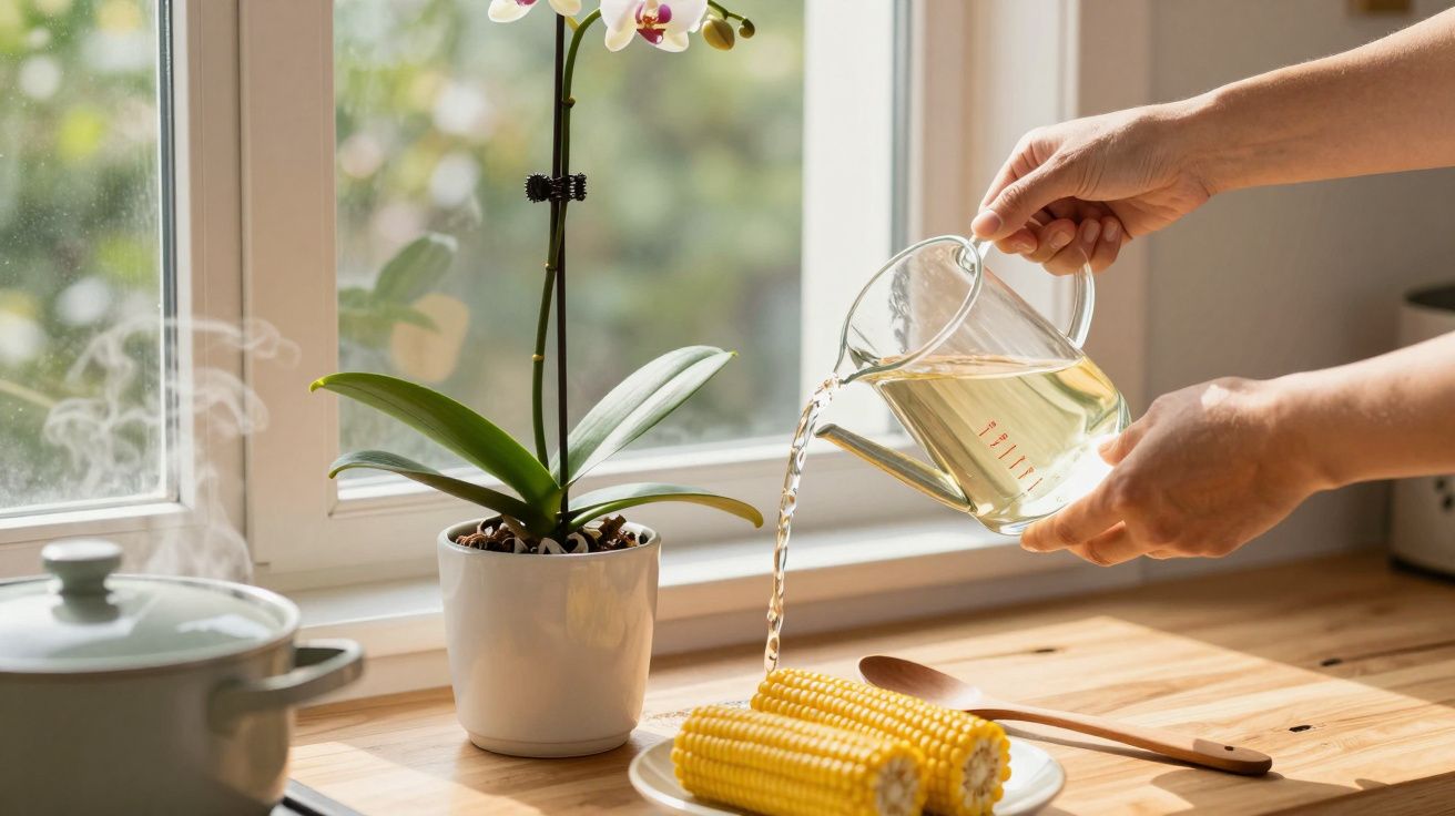 Pessoa a verter água quente de um jarro para espigas de milho cozidas numa bancada de cozinha iluminada.