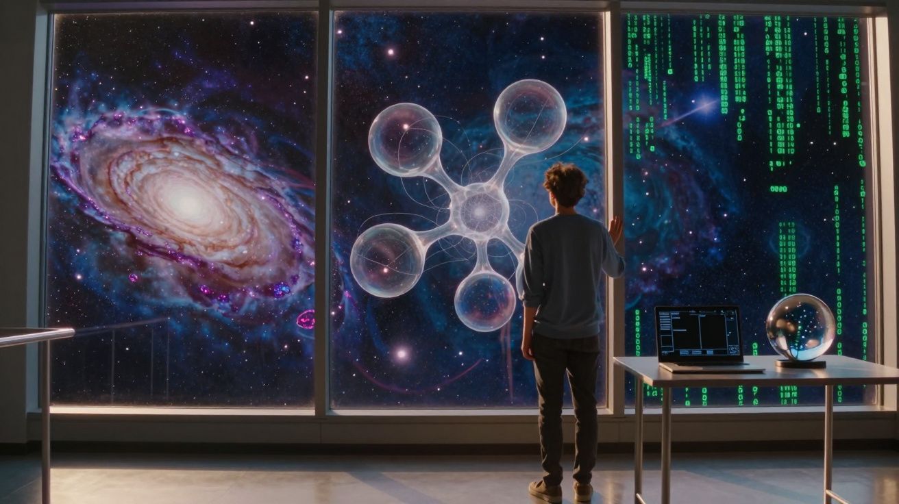 Pessoa observa janela futurista com galáxias, moléculas e códigos digitais no espaço sideral.