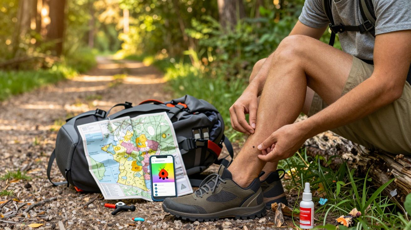 Pessoa sentado na floresta a tratar de picada de inseto com mochila, mapa e telemóvel no chão.
