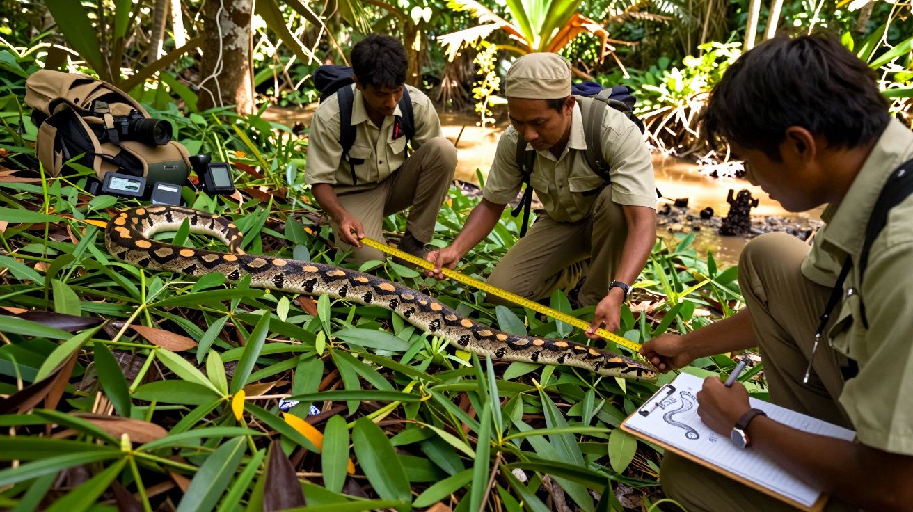 Três cientistas medem uma cobra grande no meio da vegetação densa de uma floresta tropical.