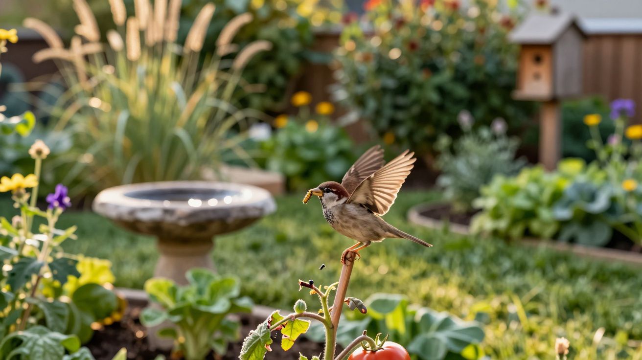 Pardal num jardim voa com uma lagarta no bico, rodeado de plantas e um comedouro para pássaros.