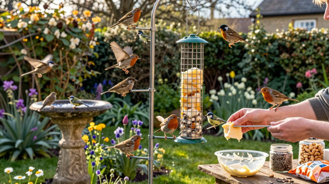 Pássaros coloridos a alimentarem-se num comedouro de jardim com flores e vegetação ao fundo.