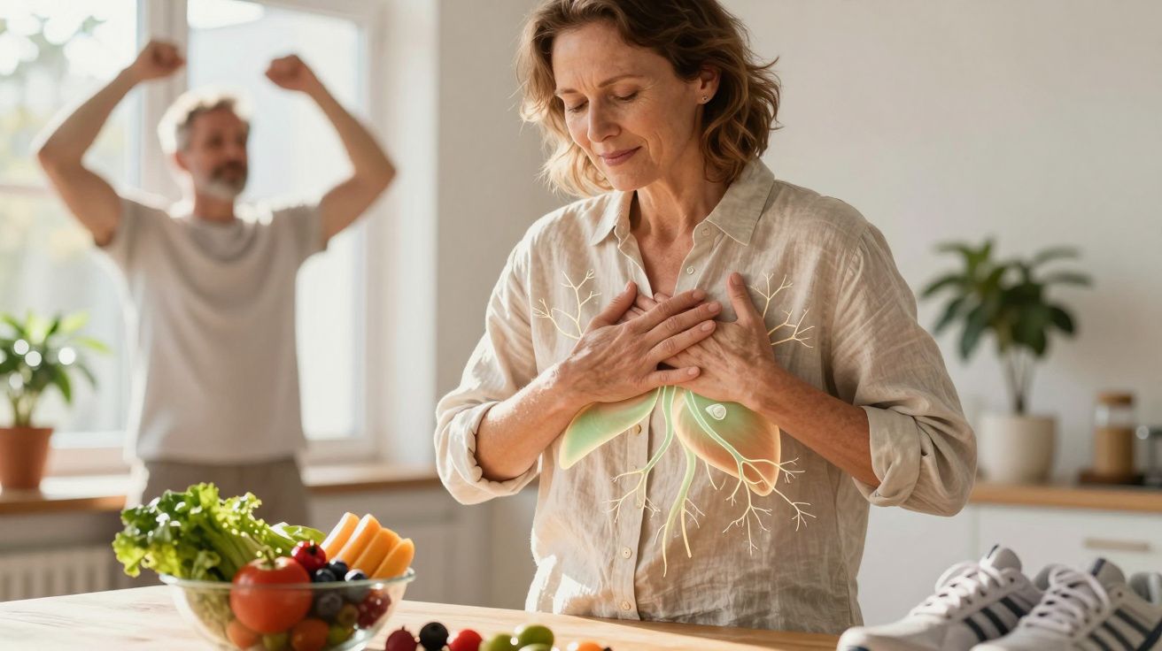 Mulher toca no peito com imagem digital de pulmões, homem ao fundo celebra, frutas e ténis na mesa da cozinha.