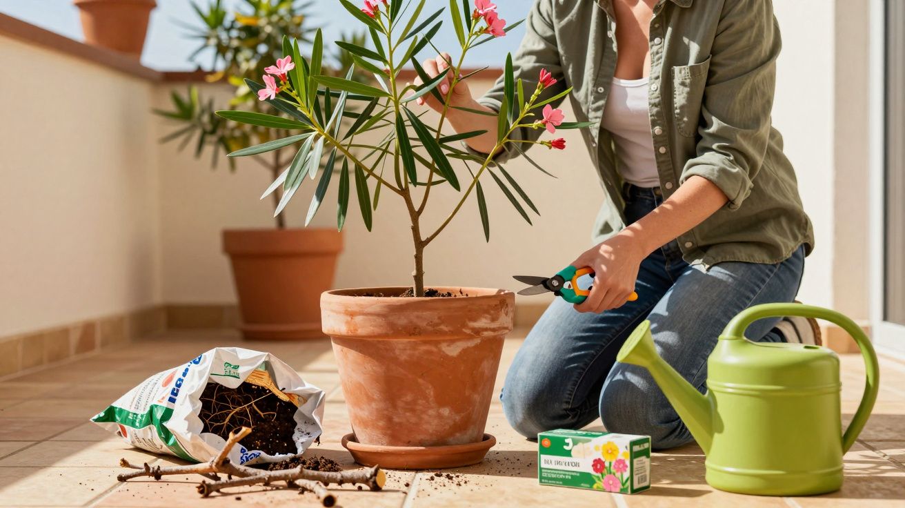 Pessoa a podar planta num vaso terraço com regador, terra e fertilizante à volta.