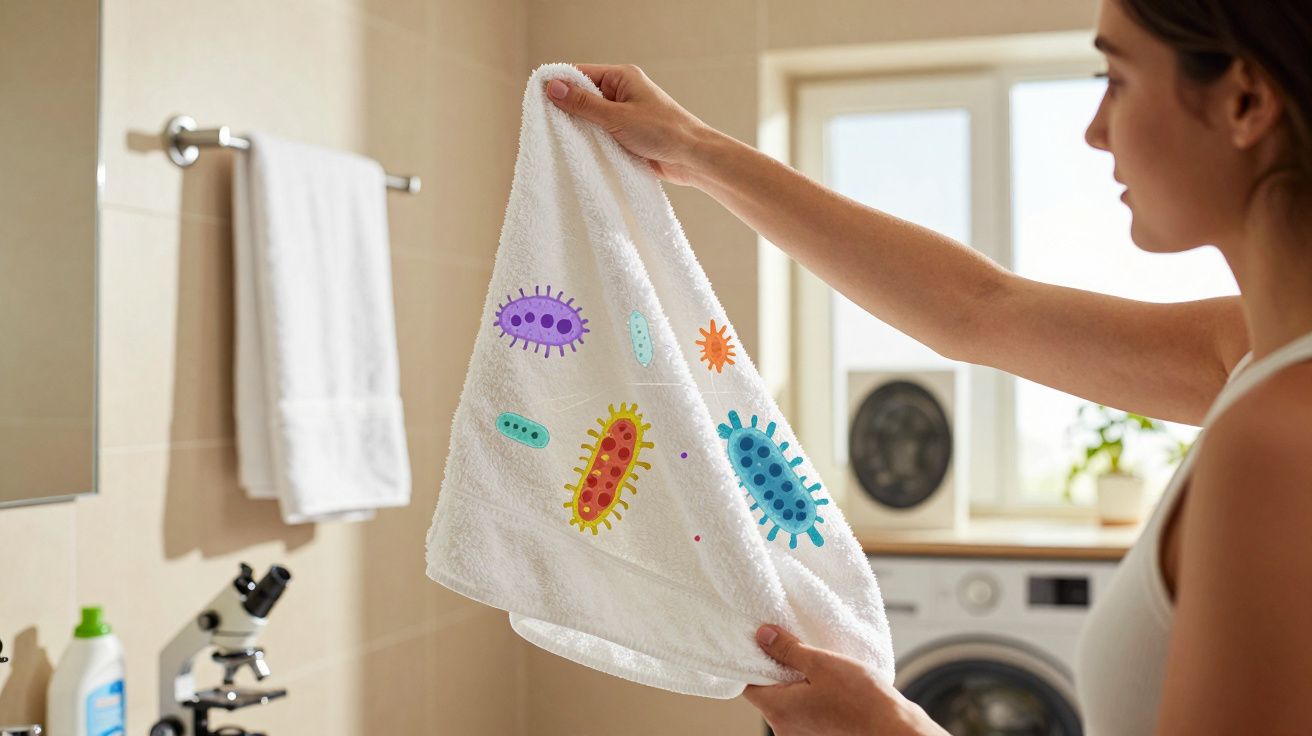 Mulher segura toalha branca com ilustrações coloridas de bactérias num ambiente de casa de banho.