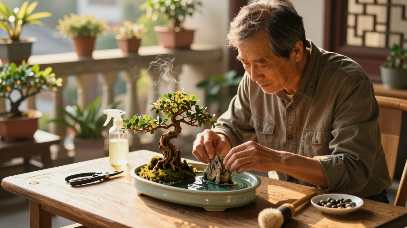 Homem idoso a cuidar de uma árvore bonsai numa mesa de madeira com várias plantas ao fundo.