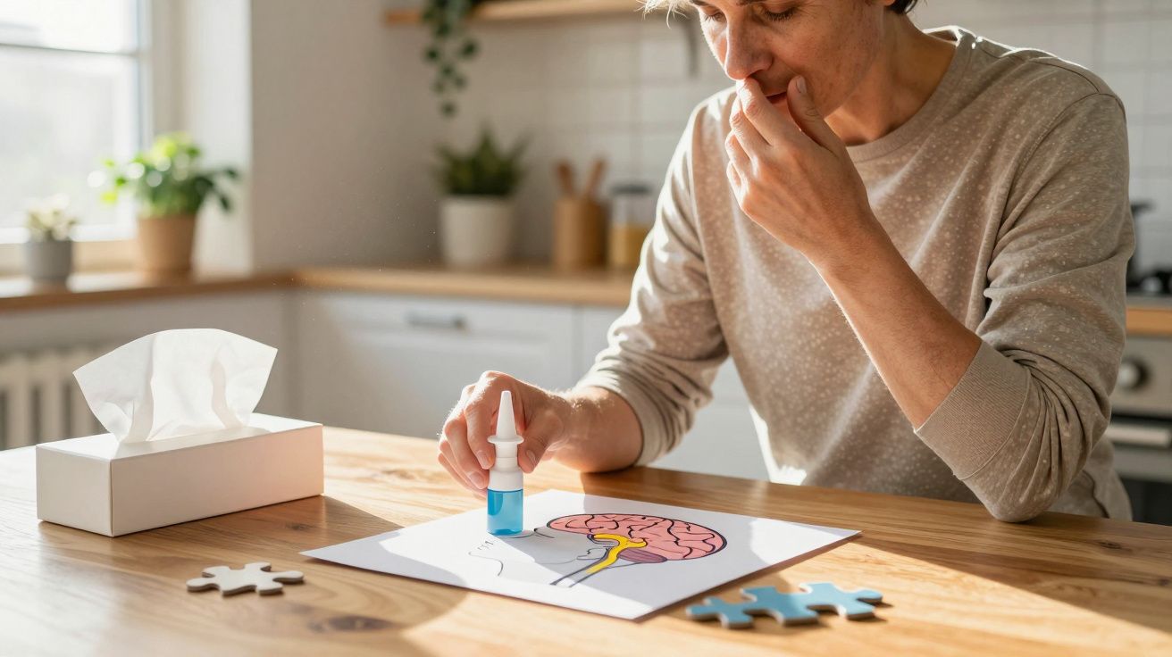 Pessoa a usar spray nasal junto a ilustração do cérebro numa mesa com lenços e peças de puzzle.